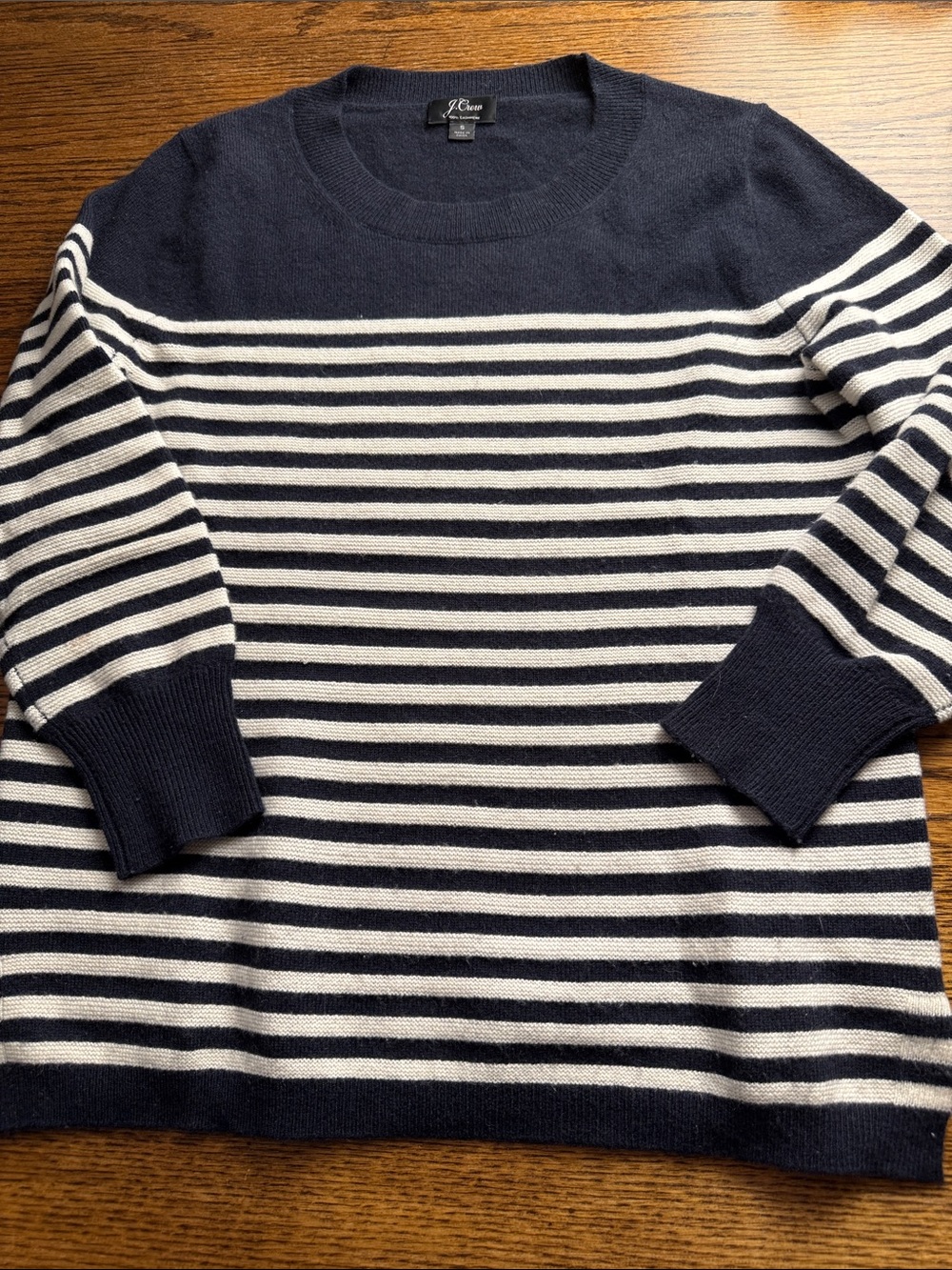 100% Cashmere Striped Sweater J.Crew Small Navy White Nautical Preppy 3/4 Sleeve